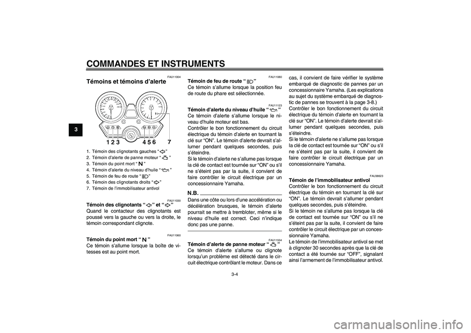 YAMAHA XJR 1300 2010  Notices Demploi (in French) COMMANDES ET INSTRUMENTS
3-4
3
FAU11004
Témoins et témoins d’alerte 
FAU11030
Témoin des clignotants“” et“” 
Quand le contacteur des clignotants est
poussé vers la gauche ou vers la droi