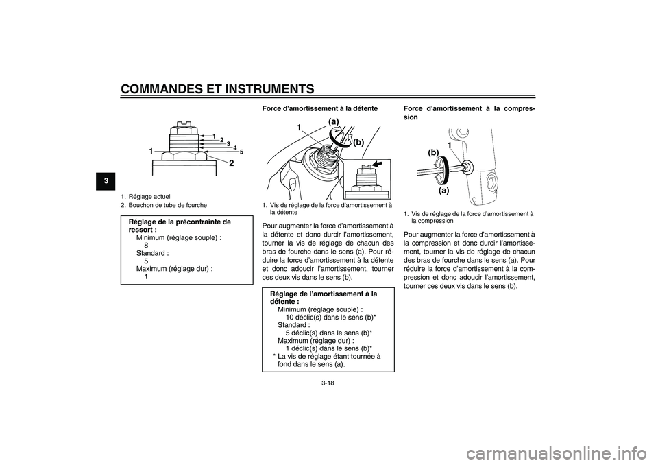 YAMAHA XJR 1300 2010  Notices Demploi (in French) COMMANDES ET INSTRUMENTS
3-18
3
Force d’amortissement à la détente
Pour augmenter la force d’amortissement à
la détente et donc durcir l’amortissement,
tourner la vis de réglage de chacun d