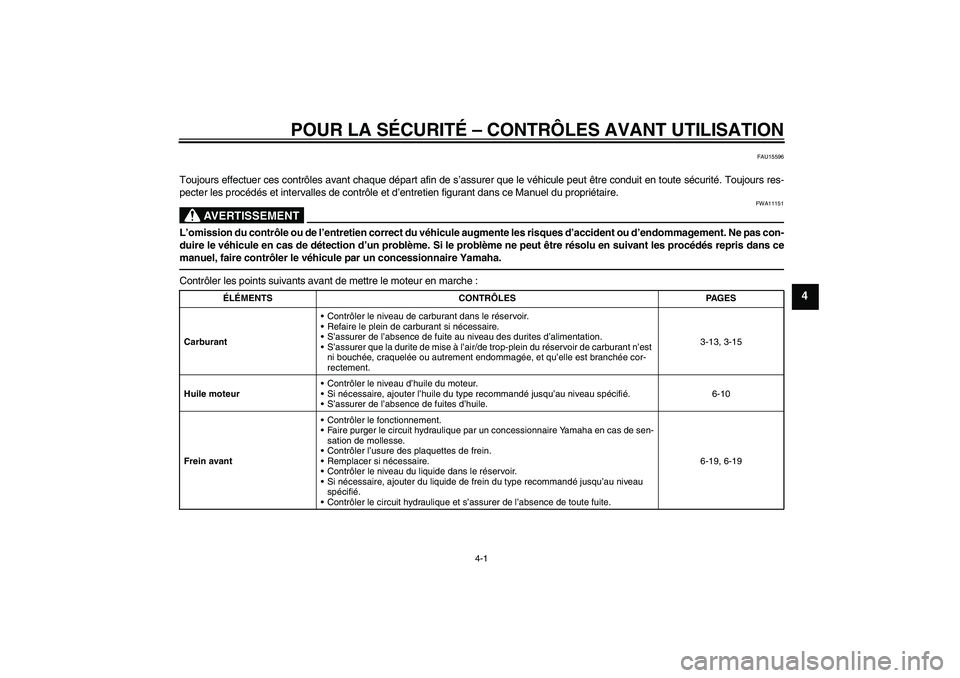 YAMAHA XJR 1300 2010  Notices Demploi (in French) POUR LA SÉCURITÉ – CONTRÔLES AVANT UTILISATION
4-1
4
FAU15596
Toujours effectuer ces contrôles avant chaque départ afin de s’assurer que le véhicule peut être conduit en toute sécurité. T