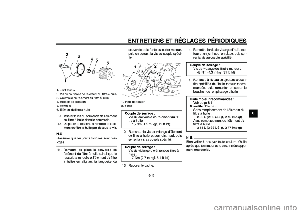 YAMAHA XJR 1300 2010  Notices Demploi (in French) ENTRETIENS ET RÉGLAGES PÉRIODIQUES
6-12
6
9. Insérer la vis du couvercle de l’élément
du filtre à huile dans le couvercle.
10. Disposer le ressort, la rondelle et l’élé-
ment du filtre à 