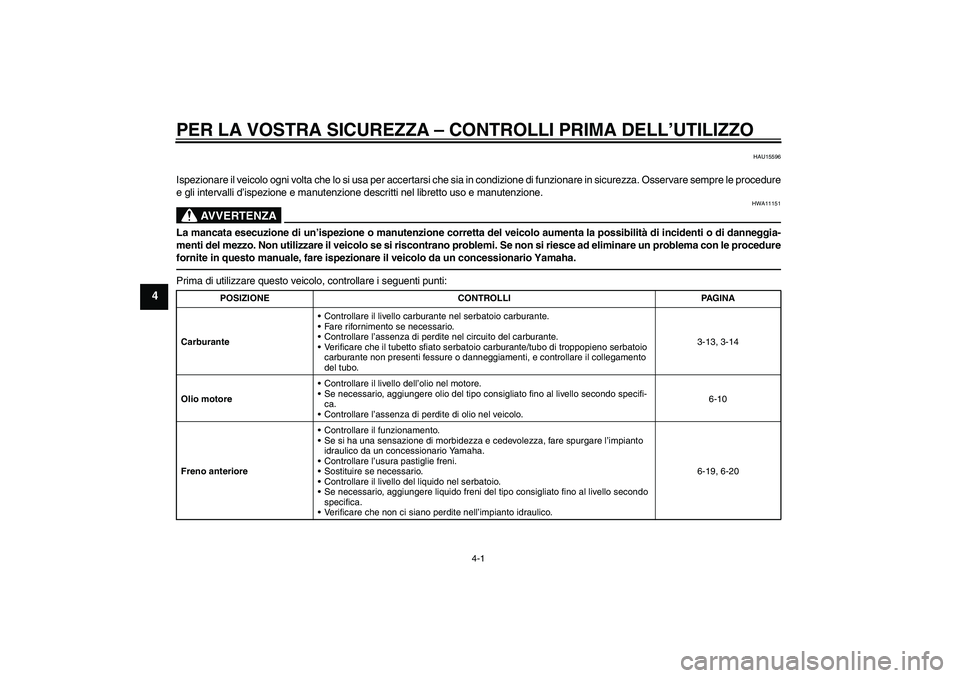 YAMAHA XJR 1300 2010 Manuale duso (in Italian) PER LA VOSTRA SICUREZZA – CONTROLLI PRIMA DELL’UTILIZZO
4-1
4
HAU15596
Ispezionare il veicolo ogni volta che lo si usa per accertarsi che sia in condizione di funzionare in sicurezza. Osservare se YAMAHA XJR 1300 2010 Manuale duso (in Italian) PER LA VOSTRA SICUREZZA – CONTROLLI PRIMA DELL’UTILIZZO
4-1
4
HAU15596
Ispezionare il veicolo ogni volta che lo si usa per accertarsi che sia in condizione di funzionare in sicurezza. Osservare se