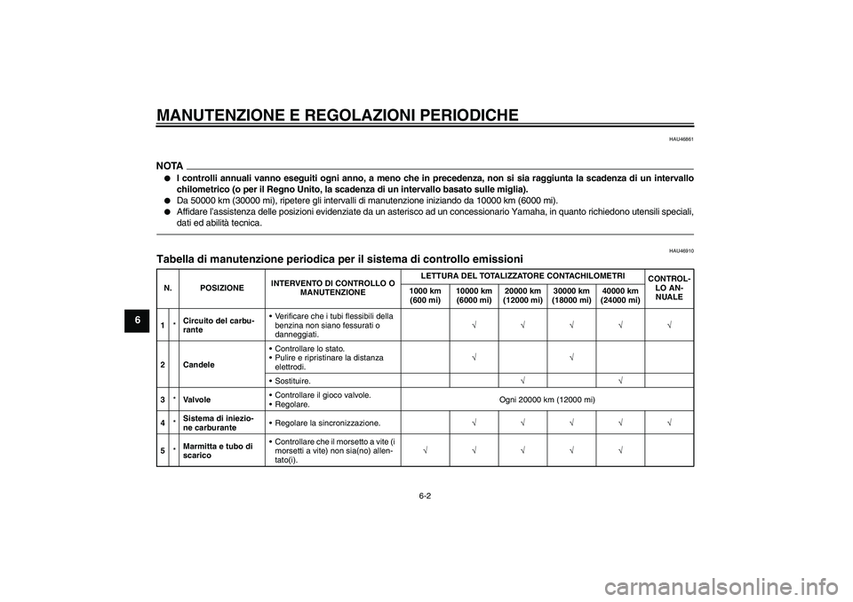 YAMAHA XJR 1300 2010  Manuale duso (in Italian) MANUTENZIONE E REGOLAZIONI PERIODICHE
6-2
6
HAU46861
NOTA
I controlli annuali vanno eseguiti ogni anno, a meno che in precedenza, non si sia raggiunta la scadenza di un intervallo
chilometrico (o per