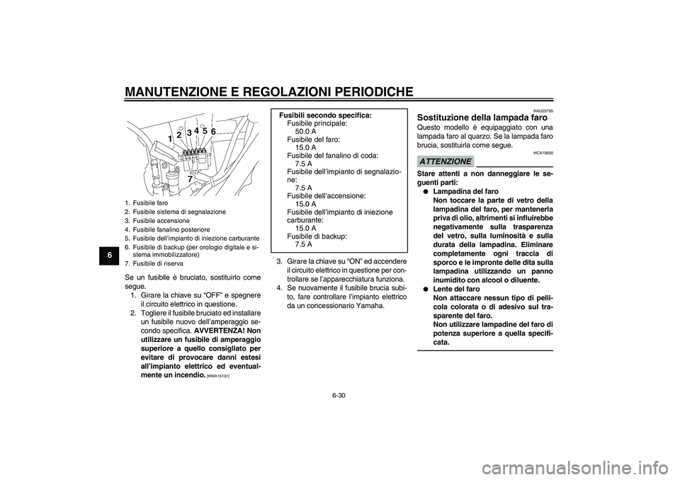 YAMAHA XJR 1300 2010 Manuale duso (in Italian) MANUTENZIONE E REGOLAZIONI PERIODICHE
6-30
6
Se un fusibile è bruciato, sostituirlo come
segue.
1. Girare la chiave su “OFF” e spegnere
il circuito elettrico in questione.
2. Togliere il fusibile YAMAHA XJR 1300 2010 Manuale duso (in Italian) MANUTENZIONE E REGOLAZIONI PERIODICHE
6-30
6
Se un fusibile è bruciato, sostituirlo come
segue.
1. Girare la chiave su “OFF” e spegnere
il circuito elettrico in questione.
2. Togliere il fusibile