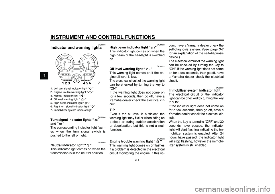 YAMAHA XJR 1300 2009 Owners Manual INSTRUMENT AND CONTROL FUNCTIONS
3-4
3
EAU11003
Indicator and warning lights
EAU11030
Turn signal indicator lights“”
and“”
The corresponding indicator light flash-
es when the turn signal s YAMAHA XJR 1300 2009 Owners Manual INSTRUMENT AND CONTROL FUNCTIONS
3-4
3
EAU11003
Indicator and warning lights
EAU11030
Turn signal indicator lights“”
and“”
The corresponding indicator light flash-
es when the turn signal s