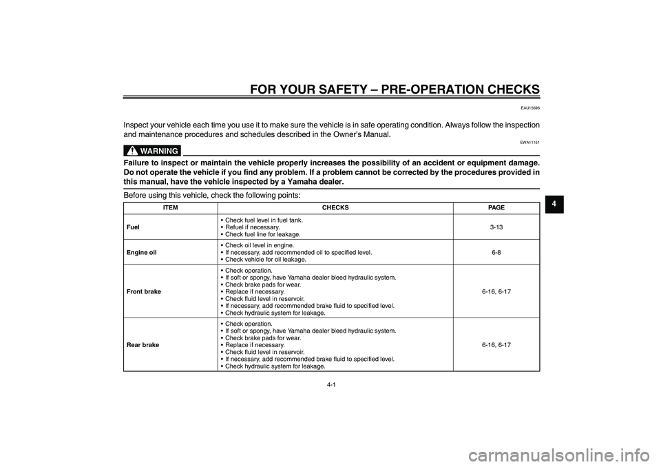YAMAHA XJR 1300 2009 Owners Guide FOR YOUR SAFETY – PRE-OPERATION CHECKS
4-1
4
EAU15596
Inspect your vehicle each time you use it to make sure the vehicle is in safe operating condition. Always follow the inspection
and maintenance YAMAHA XJR 1300 2009 Owners Guide FOR YOUR SAFETY – PRE-OPERATION CHECKS
4-1
4
EAU15596
Inspect your vehicle each time you use it to make sure the vehicle is in safe operating condition. Always follow the inspection
and maintenance