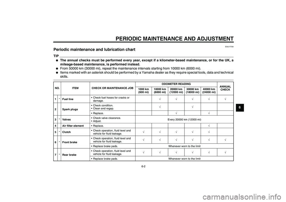 YAMAHA XJR 1300 2009  Owners Manual PERIODIC MAINTENANCE AND ADJUSTMENT
6-2
6
EAU1770A
Periodic maintenance and lubrication chart TIP
The annual checks must be performed every year, except if a kilometer-based maintenance, or for the U