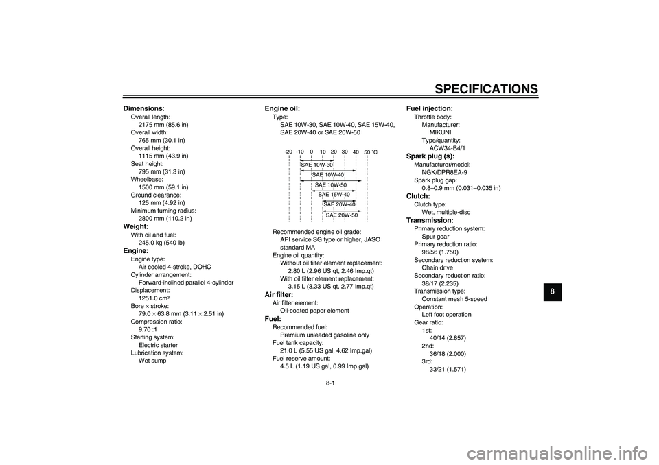 YAMAHA XJR 1300 2009  Owners Manual SPECIFICATIONS
8-1
8
Dimensions:Overall length:
2175 mm (85.6 in)
Overall width:
765 mm (30.1 in)
Overall height:
1115 mm (43.9 in)
Seat height:
795 mm (31.3 in)
Wheelbase:
1500 mm (59.1 in)
Ground cl