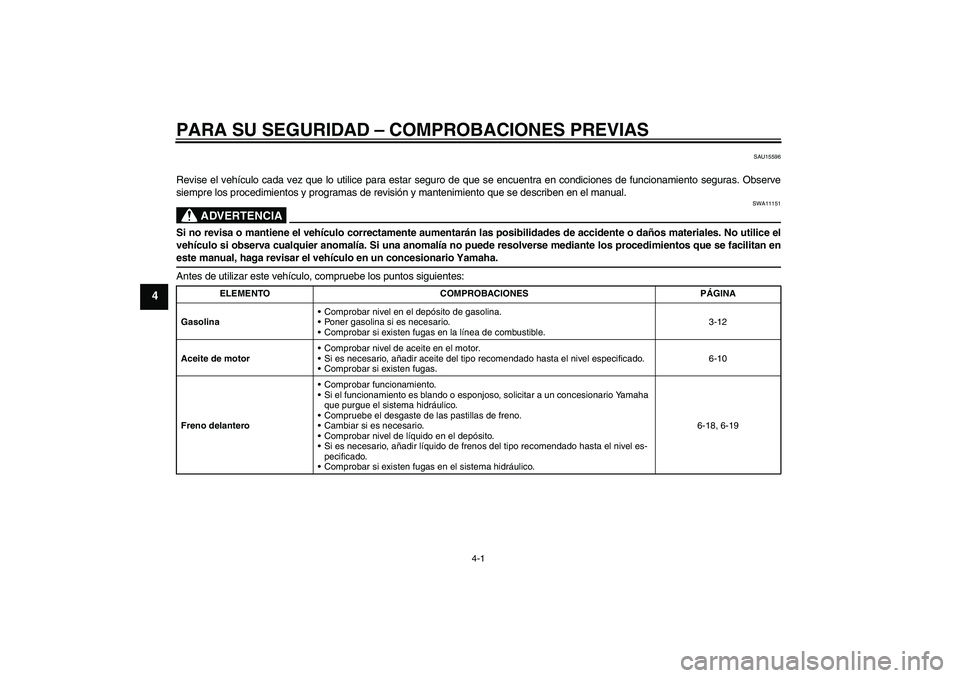 YAMAHA XJR 1300 2009  Manuale de Empleo (in Spanish) PARA SU SEGURIDAD – COMPROBACIONES PREVIAS
4-1
4
SAU15596
Revise el vehículo cada vez que lo utilice para estar seguro de que se encuentra en condiciones de funcionamiento seguras. Observe
siempre 