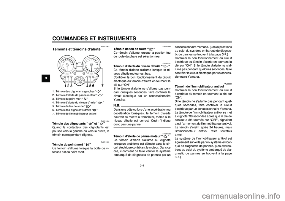 YAMAHA XJR 1300 2009  Notices Demploi (in French) COMMANDES ET INSTRUMENTS
3-4
3
FAU11003
Témoins et témoins d’alerte 
FAU11030
Témoin des clignotants“” et“” 
Quand le contacteur des clignotants est
poussé vers la gauche ou vers la droi