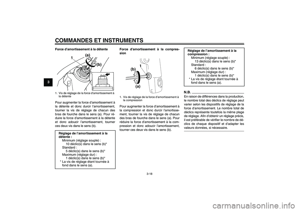 YAMAHA XJR 1300 2009 Notices Demploi (in French) COMMANDES ET INSTRUMENTS
3-18
3
Force d’amortissement à la détente
Pour augmenter la force d’amortissement à
la détente et donc durcir l’amortissement,
tourner la vis de réglage de chacun d YAMAHA XJR 1300 2009 Notices Demploi (in French) COMMANDES ET INSTRUMENTS
3-18
3
Force d’amortissement à la détente
Pour augmenter la force d’amortissement à
la détente et donc durcir l’amortissement,
tourner la vis de réglage de chacun d