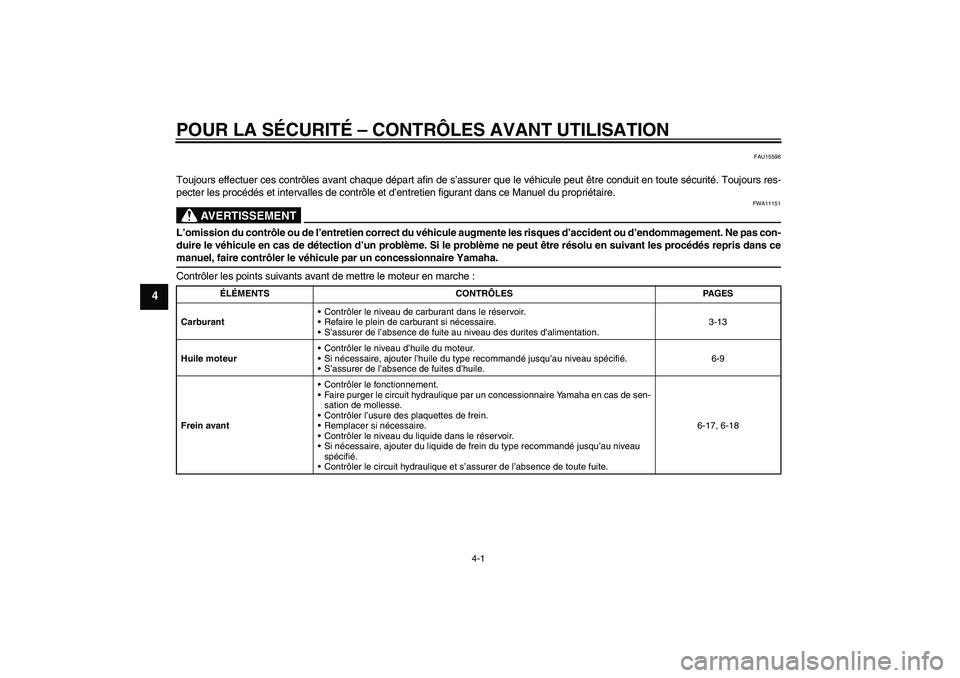 YAMAHA XJR 1300 2009 Notices Demploi (in French) POUR LA SÉCURITÉ – CONTRÔLES AVANT UTILISATION
4-1
4
FAU15596
Toujours effectuer ces contrôles avant chaque départ afin de s’assurer que le véhicule peut être conduit en toute sécurité. T YAMAHA XJR 1300 2009 Notices Demploi (in French) POUR LA SÉCURITÉ – CONTRÔLES AVANT UTILISATION
4-1
4
FAU15596
Toujours effectuer ces contrôles avant chaque départ afin de s’assurer que le véhicule peut être conduit en toute sécurité. T