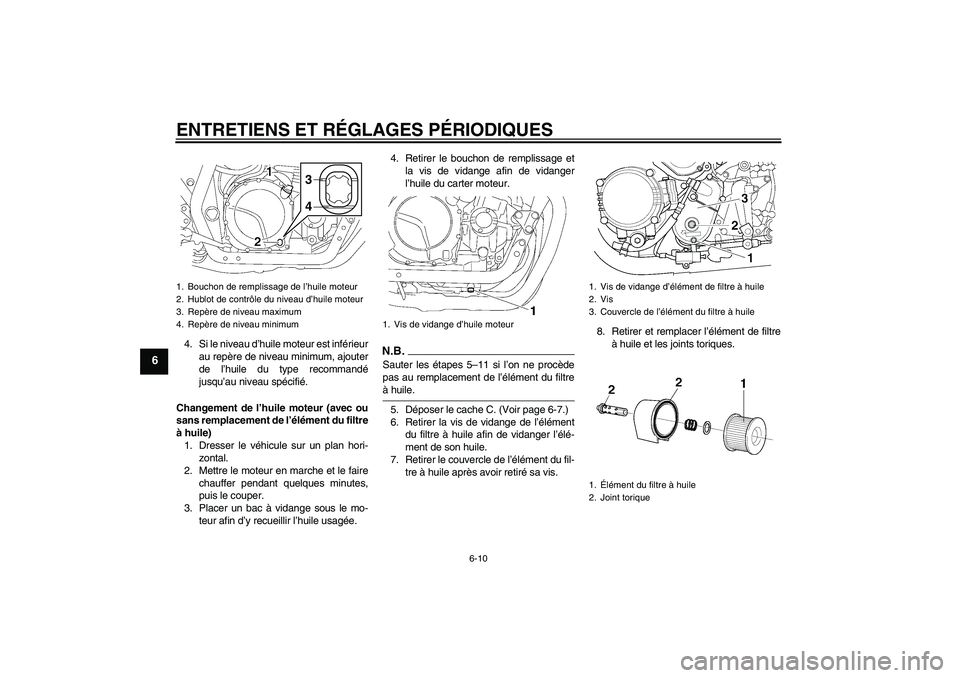YAMAHA XJR 1300 2009 Notices Demploi (in French) ENTRETIENS ET RÉGLAGES PÉRIODIQUES
6-10
6
4. Si le niveau d’huile moteur est inférieur
au repère de niveau minimum, ajouter
de l’huile du type recommandé
jusqu’au niveau spécifié.
Changem YAMAHA XJR 1300 2009 Notices Demploi (in French) ENTRETIENS ET RÉGLAGES PÉRIODIQUES
6-10
6
4. Si le niveau d’huile moteur est inférieur
au repère de niveau minimum, ajouter
de l’huile du type recommandé
jusqu’au niveau spécifié.
Changem