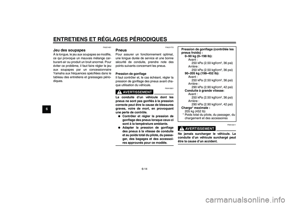 YAMAHA XJR 1300 2009 Notices Demploi (in French) ENTRETIENS ET RÉGLAGES PÉRIODIQUES
6-14
6
FAU21401
Jeu des soupapes À la longue, le jeu aux soupapes se modifie,
ce qui provoque un mauvais mélange car-
burant-air ou produit un bruit anormal. Pou YAMAHA XJR 1300 2009 Notices Demploi (in French) ENTRETIENS ET RÉGLAGES PÉRIODIQUES
6-14
6
FAU21401
Jeu des soupapes À la longue, le jeu aux soupapes se modifie,
ce qui provoque un mauvais mélange car-
burant-air ou produit un bruit anormal. Pou