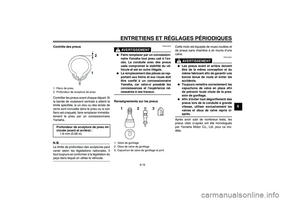 YAMAHA XJR 1300 2009 Notices Demploi (in French) ENTRETIENS ET RÉGLAGES PÉRIODIQUES
6-15
6
Contrôle des pneus
Contrôler les pneus avant chaque départ. Si
la bande de roulement centrale a atteint la
limite spécifiée, si un clou ou des éclats YAMAHA XJR 1300 2009 Notices Demploi (in French) ENTRETIENS ET RÉGLAGES PÉRIODIQUES
6-15
6
Contrôle des pneus
Contrôler les pneus avant chaque départ. Si
la bande de roulement centrale a atteint la
limite spécifiée, si un clou ou des éclats