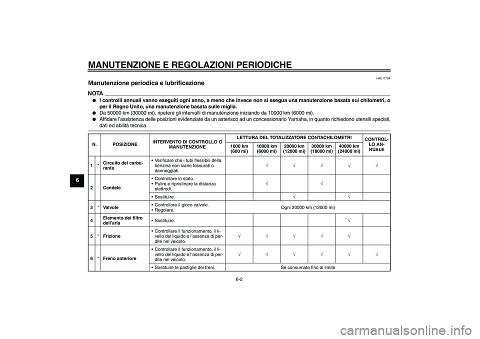 YAMAHA XJR 1300 2009  Manuale duso (in Italian) MANUTENZIONE E REGOLAZIONI PERIODICHE
6-2
6
HAU1770A
Manutenzione periodica e lubrificazione NOTA
I controlli annuali vanno eseguiti ogni anno, a meno che invece non si esegua una manutenzione basata