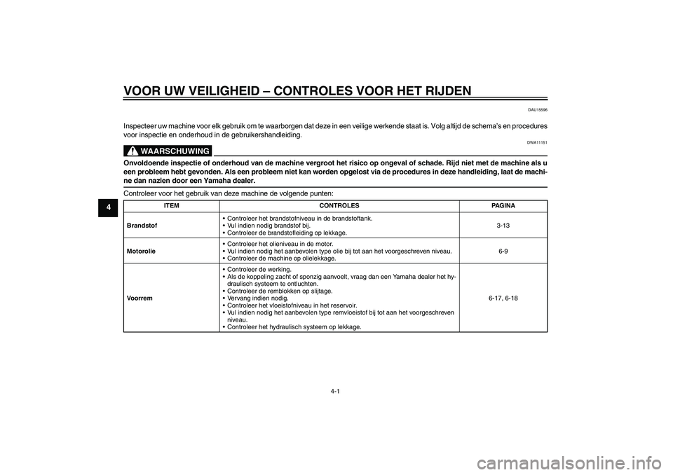 YAMAHA XJR 1300 2009 Instructieboekje (in Dutch) VOOR UW VEILIGHEID – CONTROLES VOOR HET RIJDEN
4-1
4
DAU15596
Inspecteer uw machine voor elk gebruik om te waarborgen dat deze in een veilige werkende staat is. Volg altijd de schema’s en procedur YAMAHA XJR 1300 2009 Instructieboekje (in Dutch) VOOR UW VEILIGHEID – CONTROLES VOOR HET RIJDEN
4-1
4
DAU15596
Inspecteer uw machine voor elk gebruik om te waarborgen dat deze in een veilige werkende staat is. Volg altijd de schema’s en procedur