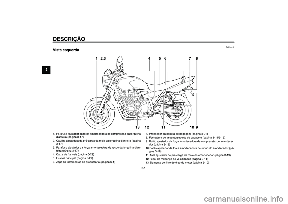 YAMAHA XJR 1300 2009  Manual de utilização (in Portuguese) DESCRIÇÃO
2-1
2
PAU10410
Vista esquerda1. Parafuso ajustador da força amortecedora de compressão da forquilha 
dianteira (página 3-17)
2. Cavilha ajustadora da pré-carga da mola da forquilha dia