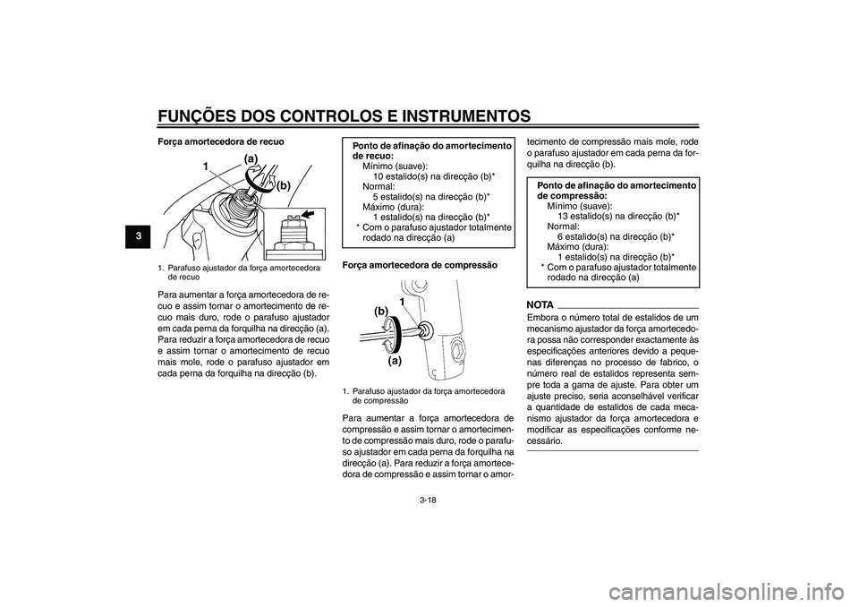 YAMAHA XJR 1300 2009 Manual de utilização (in Portuguese) FUNÇÕES DOS CONTROLOS E INSTRUMENTOS
3-18
3
Força amortecedora de recuo
Para aumentar a força amortecedora de re-
cuo e assim tornar o amortecimento de re-
cuo mais duro, rode o parafuso ajustador YAMAHA XJR 1300 2009 Manual de utilização (in Portuguese) FUNÇÕES DOS CONTROLOS E INSTRUMENTOS
3-18
3
Força amortecedora de recuo
Para aumentar a força amortecedora de re-
cuo e assim tornar o amortecimento de re-
cuo mais duro, rode o parafuso ajustador
