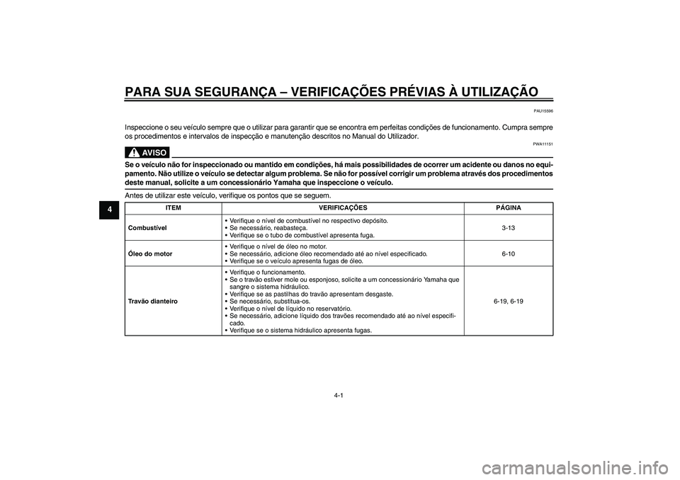YAMAHA XJR 1300 2009 Manual de utilização (in Portuguese) PARA SUA SEGURANÇA – VERIFICAÇÕES PRÉVIAS À UTILIZAÇÃO
4-1
4
PAU15596
Inspeccione o seu veículo sempre que o utilizar para garantir que se encontra em perfeitas condições de funcionamento. YAMAHA XJR 1300 2009 Manual de utilização (in Portuguese) PARA SUA SEGURANÇA – VERIFICAÇÕES PRÉVIAS À UTILIZAÇÃO
4-1
4
PAU15596
Inspeccione o seu veículo sempre que o utilizar para garantir que se encontra em perfeitas condições de funcionamento.