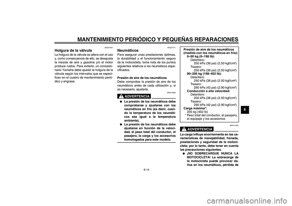 YAMAHA XJR 1300 2008  Manuale de Empleo (in Spanish) MANTENIMIENTO PERIÓDICO Y PEQUEÑAS REPARACIONES
6-14
6
SAU21401
Holgura de la válvula La holgura de la válvula se altera con el uso
y, como consecuencia de ello, se desajusta
la mezcla de aire y g