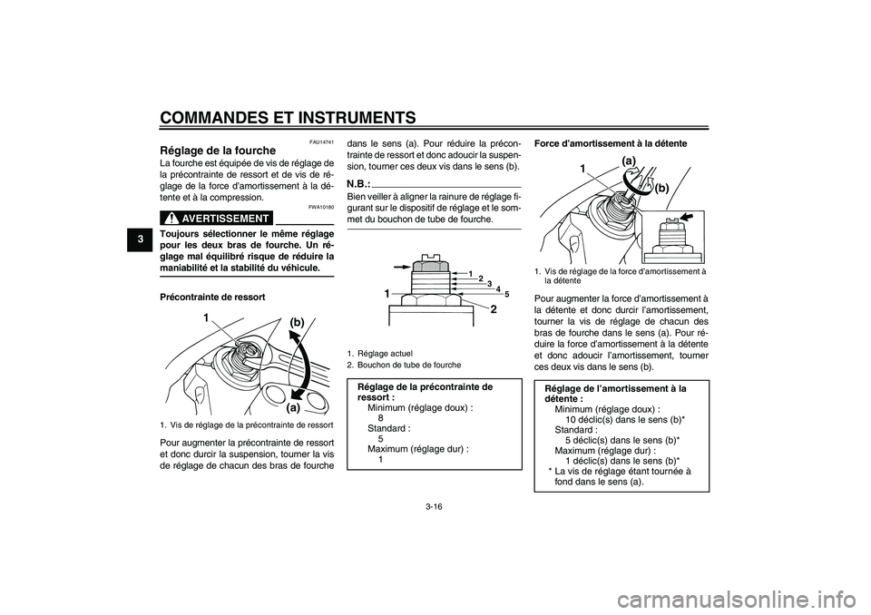 YAMAHA XJR 1300 2008  Notices Demploi (in French) COMMANDES ET INSTRUMENTS
3-16
3
FAU14741
Réglage de la fourche La fourche est équipée de vis de réglage de
la précontrainte de ressort et de vis de ré-
glage de la force d’amortissement à la 