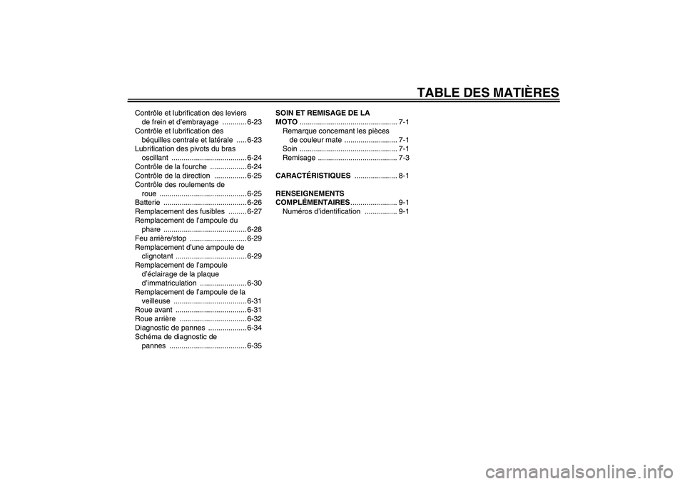 YAMAHA XJR 1300 2008  Notices Demploi (in French) TABLE DES MATIÈRES
Contrôle et lubrification des leviers 
de frein et d’embrayage ............ 6-23
Contrôle et lubrification des 
béquilles centrale et latérale ..... 6-23
Lubrification des pi