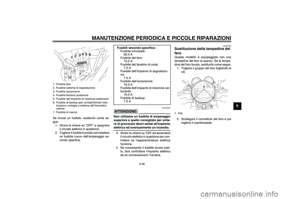 YAMAHA XJR 1300 2008 Manuale duso (in Italian) MANUTENZIONE PERIODICA E PICCOLE RIPARAZIONI
6-28
6
Se brucia un fusibile, sostituirlo come se-
gue.
1. Girare la chiave su “OFF” e spegnere
il circuito elettrico in questione.
2. Togliere il fusi YAMAHA XJR 1300 2008 Manuale duso (in Italian) MANUTENZIONE PERIODICA E PICCOLE RIPARAZIONI
6-28
6
Se brucia un fusibile, sostituirlo come se-
gue.
1. Girare la chiave su “OFF” e spegnere
il circuito elettrico in questione.
2. Togliere il fusi