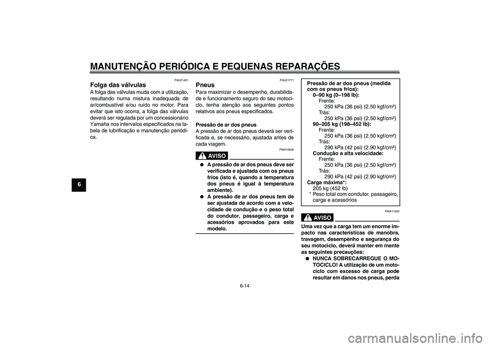 YAMAHA XJR 1300 2008  Manual de utilização (in Portuguese) MANUTENÇÃO PERIÓDICA E PEQUENAS REPARAÇÕES
6-14
6
PAU21401
Folga das válvulas A folga das válvulas muda com a utilização,
resultando numa mistura inadequada de
ar/combustível e/ou ruído no 