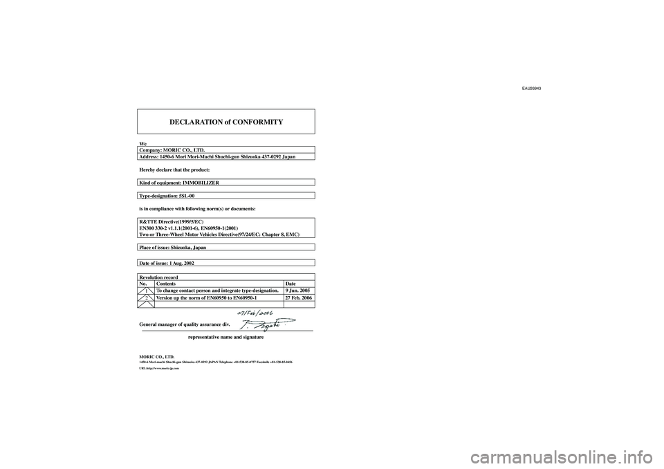 YAMAHA XJR 1300 2007  Owners Manual EAU26943
DECLARATION of CONFORMITY
WeCompany: MORIC CO., LTD.
Address: 1450-6 Mori Mori-Machi Shuchi-gun Shizuoka 437-0292 Japan
Hereby declare that the product:
Kind of equipment: IMMOBILIZER
Type-de