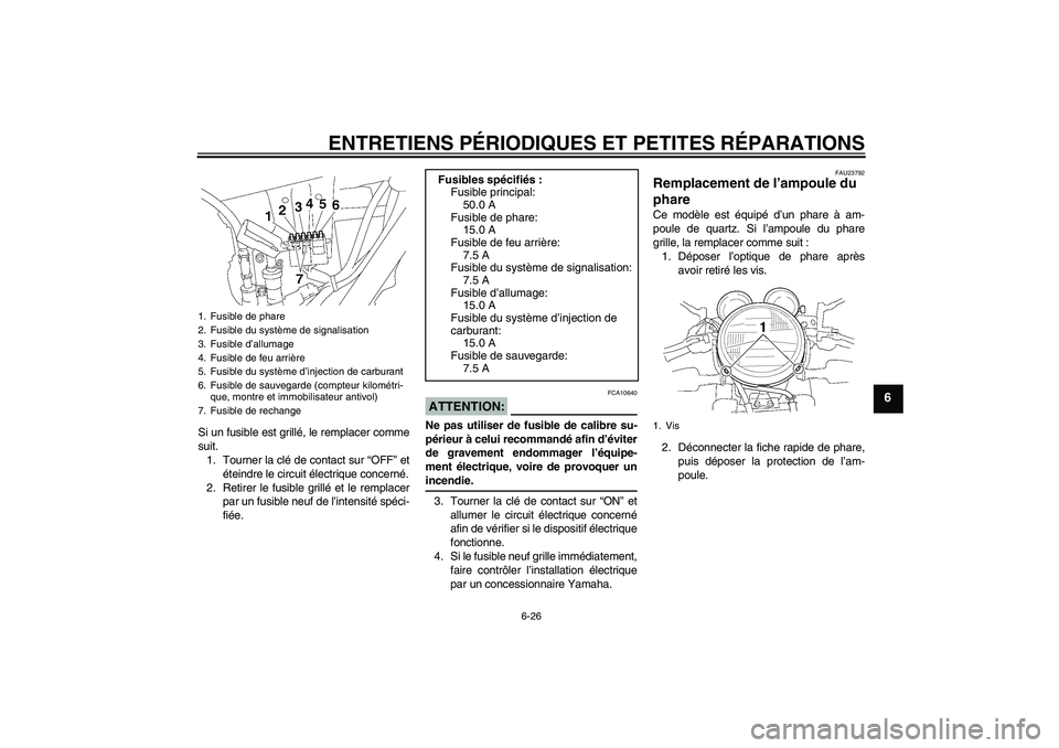 YAMAHA XJR 1300 2007  Notices Demploi (in French) ENTRETIENS PÉRIODIQUES ET PETITES RÉPARATIONS
6-26
6
Si un fusible est grillé, le remplacer comme
suit.
1. Tourner la clé de contact sur “OFF” et
éteindre le circuit électrique concerné.
2.