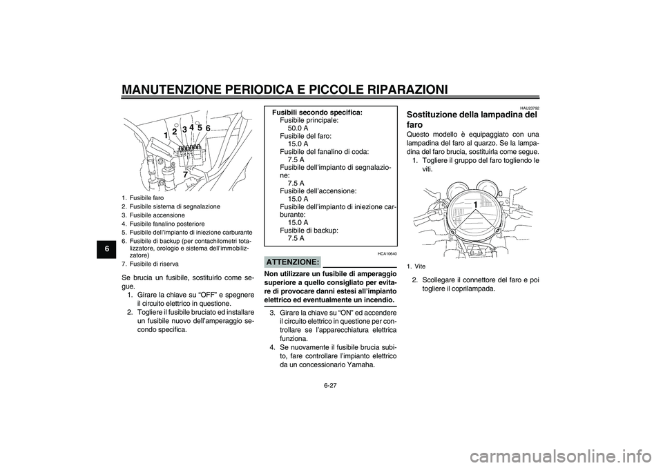 YAMAHA XJR 1300 2007 Manuale duso (in Italian) MANUTENZIONE PERIODICA E PICCOLE RIPARAZIONI
6-27
6
Se brucia un fusibile, sostituirlo come se-
gue.
1. Girare la chiave su “OFF” e spegnere
il circuito elettrico in questione.
2. Togliere il fusi YAMAHA XJR 1300 2007 Manuale duso (in Italian) MANUTENZIONE PERIODICA E PICCOLE RIPARAZIONI
6-27
6
Se brucia un fusibile, sostituirlo come se-
gue.
1. Girare la chiave su “OFF” e spegnere
il circuito elettrico in questione.
2. Togliere il fusi