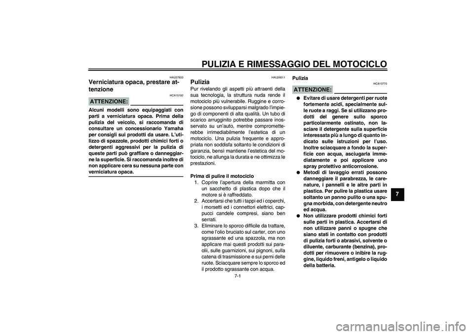 YAMAHA XJR 1300 2007  Manuale duso (in Italian) PULIZIA E RIMESSAGGIO DEL MOTOCICLO
7-1
7
HAU37833
Verniciatura opaca, prestare at-
tenzione ATTENZIONE:
HCA15192
Alcuni modelli sono equipaggiati con
parti a verniciatura opaca. Prima della
pulizia d