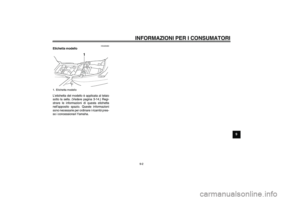YAMAHA XJR 1300 2007  Manuale duso (in Italian) INFORMAZIONI PER I CONSUMATORI
9-2
9
HAU26480
Etichetta modello 
L’etichetta del modello è applicata al telaio
sotto la sella. (Vedere pagina 3-14.) Regi-
strare le informazioni di questa etichetta