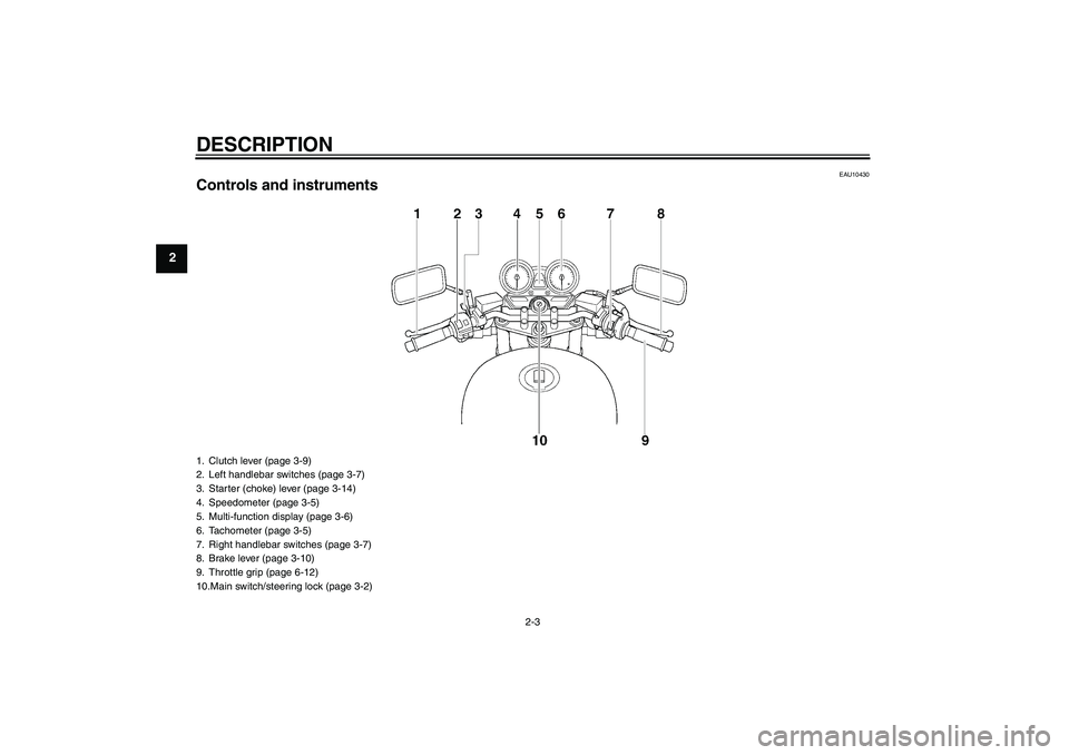 YAMAHA XJR 1300 2006 Owners Manual DESCRIPTION
2-3
2
EAU10430
Controls and instruments1. Clutch lever (page 3-9)
2. Left handlebar switches (page 3-7)
3. Starter (choke) lever (page 3-14)
4. Speedometer (page 3-5)
5. Multi-function dis YAMAHA XJR 1300 2006 Owners Manual DESCRIPTION
2-3
2
EAU10430
Controls and instruments1. Clutch lever (page 3-9)
2. Left handlebar switches (page 3-7)
3. Starter (choke) lever (page 3-14)
4. Speedometer (page 3-5)
5. Multi-function dis
