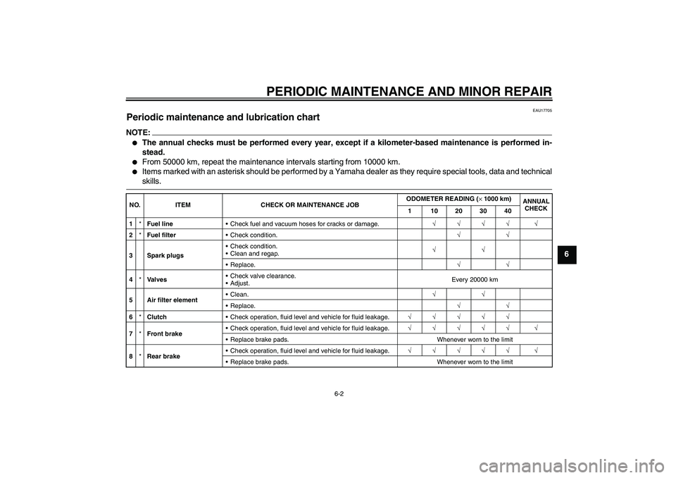 YAMAHA XJR 1300 2006  Owners Manual PERIODIC MAINTENANCE AND MINOR REPAIR
6-2
6
EAU17705
Periodic maintenance and lubrication chart NOTE:
The annual checks must be performed every year, except if a kilometer-based maintenance is perfor