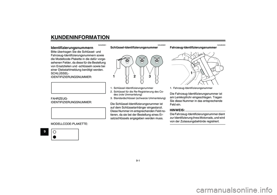 YAMAHA XJR 1300 2006 Betriebsanleitungen (in German) KUNDENINFORMATION
9-1
9
GAU26351
Identifizierungsnummern Bitte übertragen Sie die Schlüssel- und
Fahrzeug-Identifizierungsnummern sowie
die Modellcode-Plakette in die dafür vorge-
sehenen Felder, YAMAHA XJR 1300 2006 Betriebsanleitungen (in German) KUNDENINFORMATION
9-1
9
GAU26351
Identifizierungsnummern Bitte übertragen Sie die Schlüssel- und
Fahrzeug-Identifizierungsnummern sowie
die Modellcode-Plakette in die dafür vorge-
sehenen Felder,