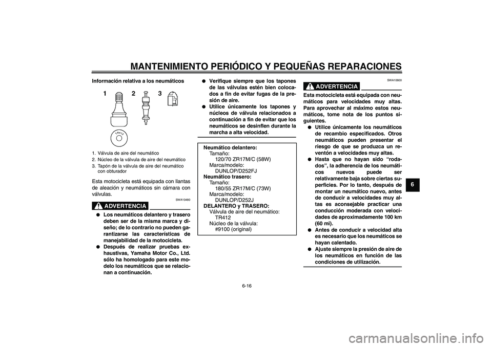 YAMAHA XJR 1300 2006 Manuale de Empleo (in Spanish) MANTENIMIENTO PERIÓDICO Y PEQUEÑAS REPARACIONES
6-16
6
Información relativa a los neumáticos
Esta motocicleta está equipada con llantas
de aleación y neumáticos sin cámara con
válvulas.
ADVER YAMAHA XJR 1300 2006 Manuale de Empleo (in Spanish) MANTENIMIENTO PERIÓDICO Y PEQUEÑAS REPARACIONES
6-16
6
Información relativa a los neumáticos
Esta motocicleta está equipada con llantas
de aleación y neumáticos sin cámara con
válvulas.
ADVER