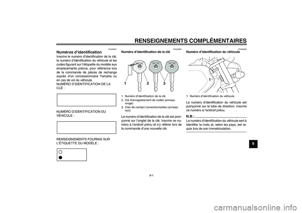 YAMAHA XJR 1300 2006 Notices Demploi (in French) RENSEIGNEMENTS COMPLÉMENTAIRES
9-1
9
FAU26351
Numéros d’identification Inscrire le numéro d’identification de la clé,
le numéro d’identification du véhicule et les
codes figurant sur l’à YAMAHA XJR 1300 2006 Notices Demploi (in French) RENSEIGNEMENTS COMPLÉMENTAIRES
9-1
9
FAU26351
Numéros d’identification Inscrire le numéro d’identification de la clé,
le numéro d’identification du véhicule et les
codes figurant sur l’Ã