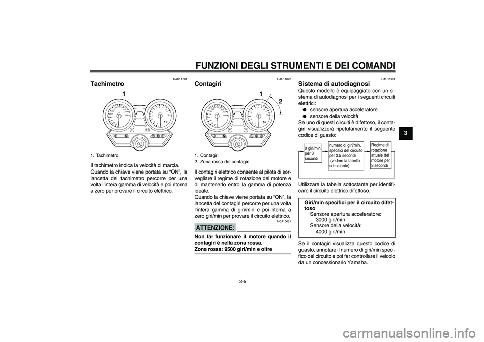 YAMAHA XJR 1300 2006  Manuale duso (in Italian) FUNZIONI DEGLI STRUMENTI E DEI COMANDI
3-5
3
HAU11601
Tachimetro Il tachimetro indica la velocità di marcia.
Quando la chiave viene portata su “ON”, la
lancetta del tachimetro percorre per una
vo