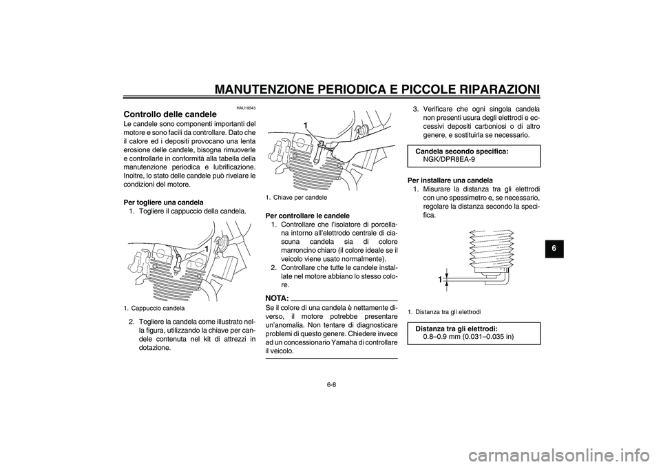 YAMAHA XJR 1300 2006  Manuale duso (in Italian) MANUTENZIONE PERIODICA E PICCOLE RIPARAZIONI
6-8
6
HAU19543
Controllo delle candele Le candele sono componenti importanti del
motore e sono facili da controllare. Dato che
il calore ed i depositi prov