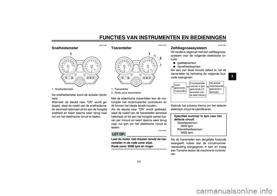 YAMAHA XJR 1300 2006  Instructieboekje (in Dutch) FUNCTIES VAN INSTRUMENTEN EN BEDIENINGEN
3-5
3
DAU11601
Snelheidsmeter De snelheidsmeter toont de actuele rijsnel-
heid.
Wanneer de sleutel naar “ON” wordt ge-
draaid, slaat de naald van de snelhe