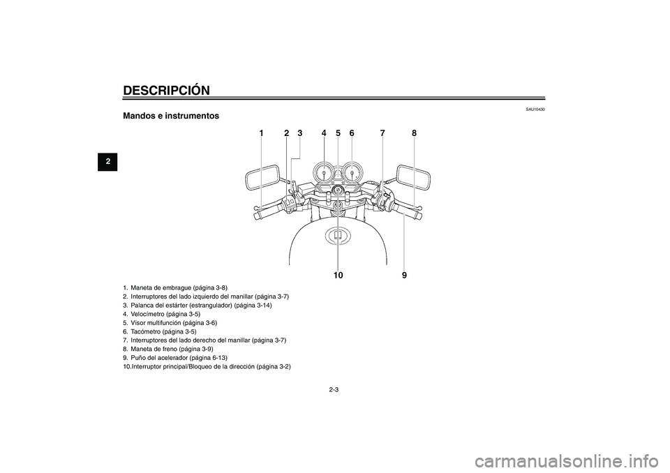 YAMAHA XJR 1300 2005  Manuale de Empleo (in Spanish) DESCRIPCIÓN
2-3
2
SAU10430
Mandos e instrumentos1. Maneta de embrague (página 3-8)
2. Interruptores del lado izquierdo del manillar (página 3-7)
3. Palanca del estárter (estrangulador) (página 3-