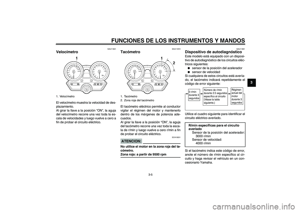 YAMAHA XJR 1300 2005  Manuale de Empleo (in Spanish) FUNCIONES DE LOS INSTRUMENTOS Y MANDOS
3-5
3
SAU11601
Velocímetro El velocímetro muestra la velocidad de des-
plazamiento.
Al girar la llave a la posición “ON”, la aguja
del velocímetro recorr