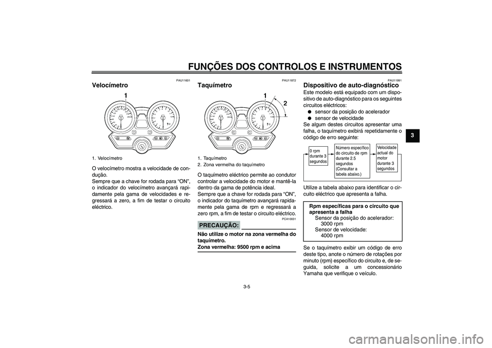 YAMAHA XJR 1300 2005  Manual de utilização (in Portuguese) FUNÇÕES DOS CONTROLOS E INSTRUMENTOS
3-5
3
PAU11601
Velocímetro O velocímetro mostra a velocidade de con-
dução.
Sempre que a chave for rodada para “ON”,
o indicador do velocímetro avançar