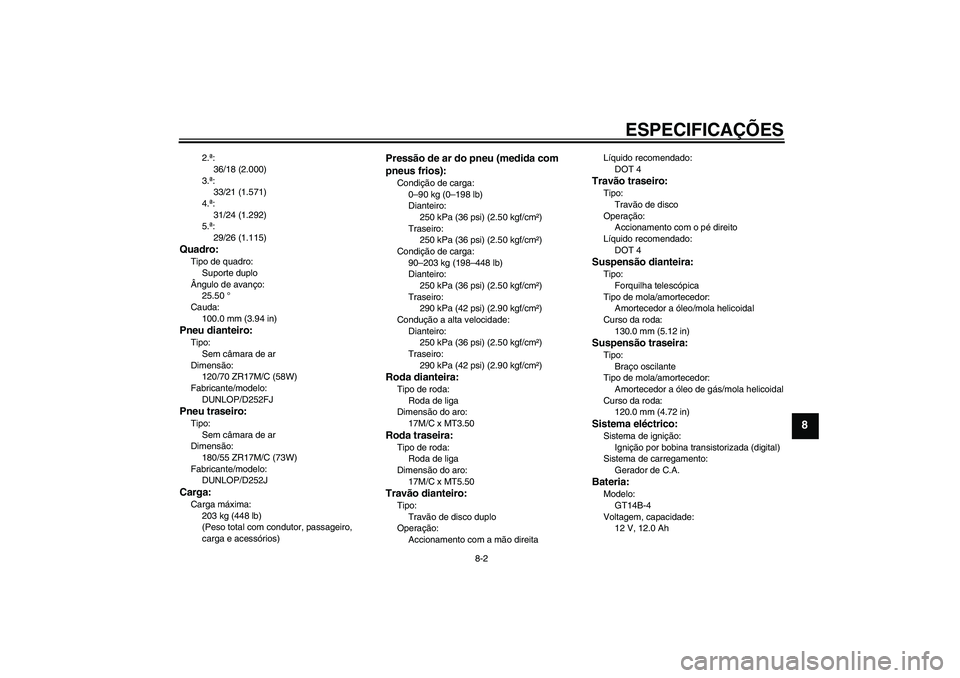 YAMAHA XJR 1300 2005  Manual de utilização (in Portuguese) ESPECIFICAÇÕES
8-2
8
2.ª:
36/18 (2.000)
3.ª:
33/21 (1.571)
4.ª:
31/24 (1.292)
5.ª:
29/26 (1.115)
Quadro:Tipo de quadro:
Suporte duplo
Ângulo de avanço:
25.50 °
Cauda:
100.0 mm (3.94 in)Pneu d