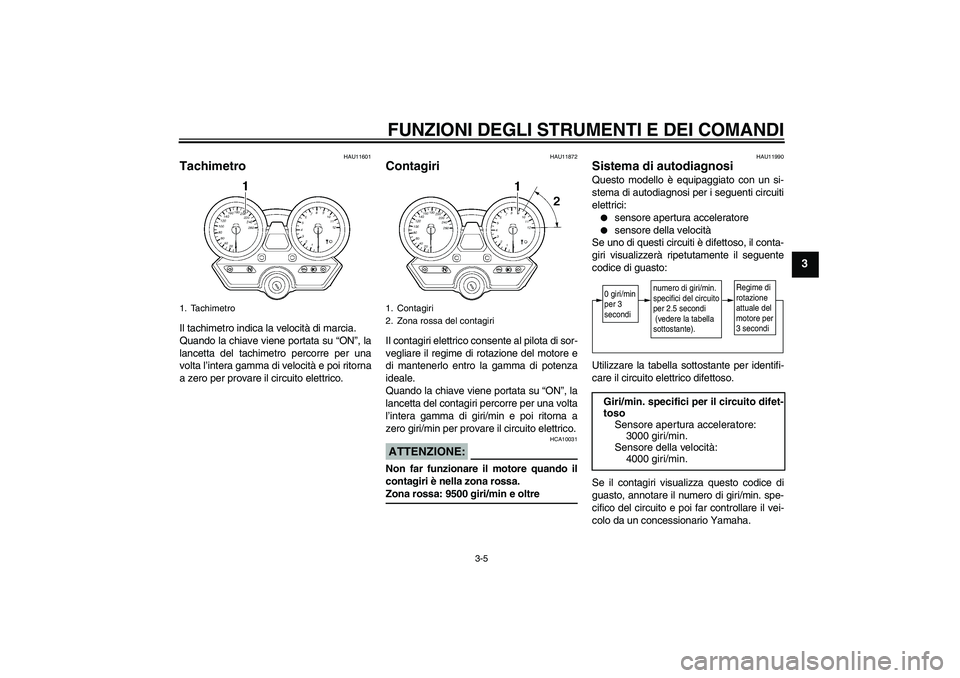 YAMAHA XJR 1300 2004  Manuale duso (in Italian) FUNZIONI DEGLI STRUMENTI E DEI COMANDI
3-5
3
HAU11601
Tachimetro Il tachimetro indica la velocità di marcia.
Quando la chiave viene portata su “ON”, la
lancetta del tachimetro percorre per una
vo