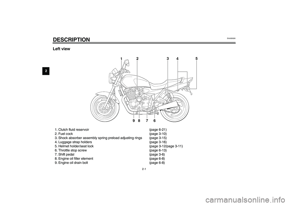 YAMAHA XJR 1300 2003 User Guide 2-1
2
EAU00026
2-DESCRIPTION Left view1. Clutch fluid reservoir (page 6-21)
2. Fuel cock (page 3-10)
3. Shock absorber assembly spring preload adjusting rings (page 3-15)
4. Luggage strap holders (pag YAMAHA XJR 1300 2003 User Guide 2-1
2
EAU00026
2-DESCRIPTION Left view1. Clutch fluid reservoir (page 6-21)
2. Fuel cock (page 3-10)
3. Shock absorber assembly spring preload adjusting rings (page 3-15)
4. Luggage strap holders (pag