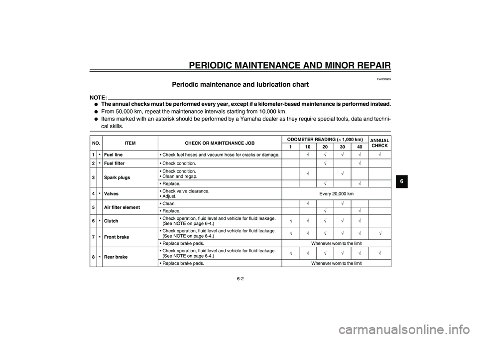 YAMAHA XJR 1300 2003  Owners Manual PERIODIC MAINTENANCE AND MINOR REPAIR
6-2
6
EAU03685
Periodic maintenance and lubrication chart 
NOTE:_ 
The annual checks must be performed every year, except if a kilometer-based maintenance is per