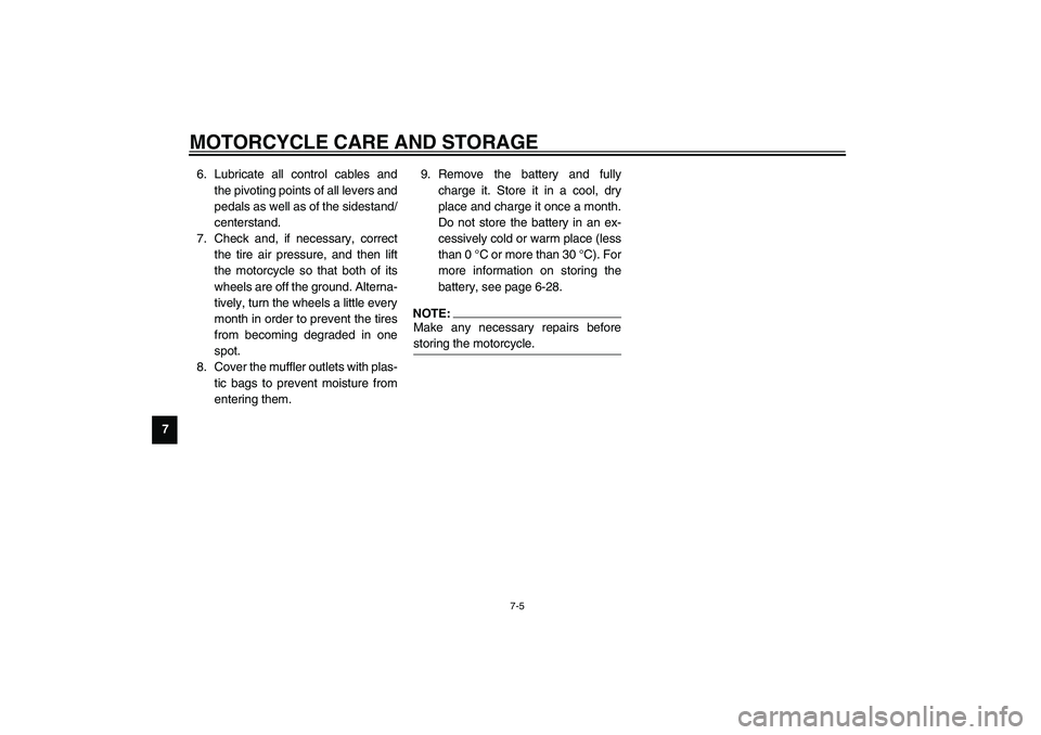 YAMAHA XJR 1300 2003 Manual Online MOTORCYCLE CARE AND STORAGE
7-5
76. Lubricate all control cables and
the pivoting points of all levers and
pedals as well as of the sidestand/
centerstand.
7. Check and, if necessary, correct
the tire
