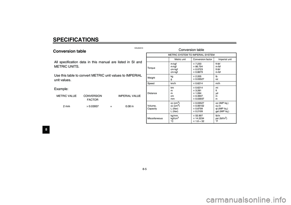 YAMAHA XJR 1300 2003 Owners Manual SPECIFICATIONS
8-5
8
EAU04513
Conversion table CS-04EAll specification data in this manual are listed in SI and
METRIC UNITS.
Use this table to convert METRIC unit values to IMPERIAL
unit values.
Exa YAMAHA XJR 1300 2003 Owners Manual SPECIFICATIONS
8-5
8
EAU04513
Conversion table CS-04EAll specification data in this manual are listed in SI and
METRIC UNITS.
Use this table to convert METRIC unit values to IMPERIAL
unit values.
Exa